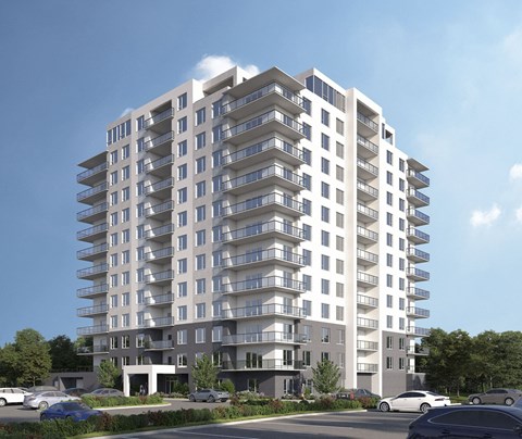 an illustration of a white apartment building with balconies